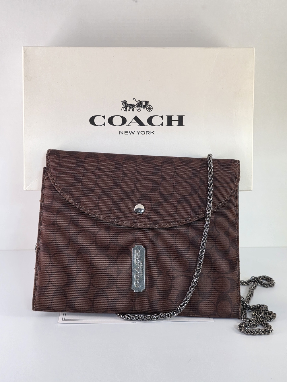 Coach Notebook Cover In Brown Canvas W/ Unbranded Silver Chain